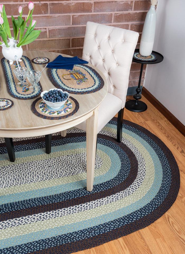 Blueberry themed placemat, table runner, trivet made from braided jute for a country kitchen style
