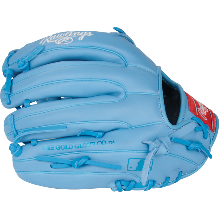 The Rawlings R9 11.75" Baseball Glove (R9315-6CB) features a light blue design with red and white Rawlings logos and "The Gold Glove Co." embossed on the side, shown against a plain white background.