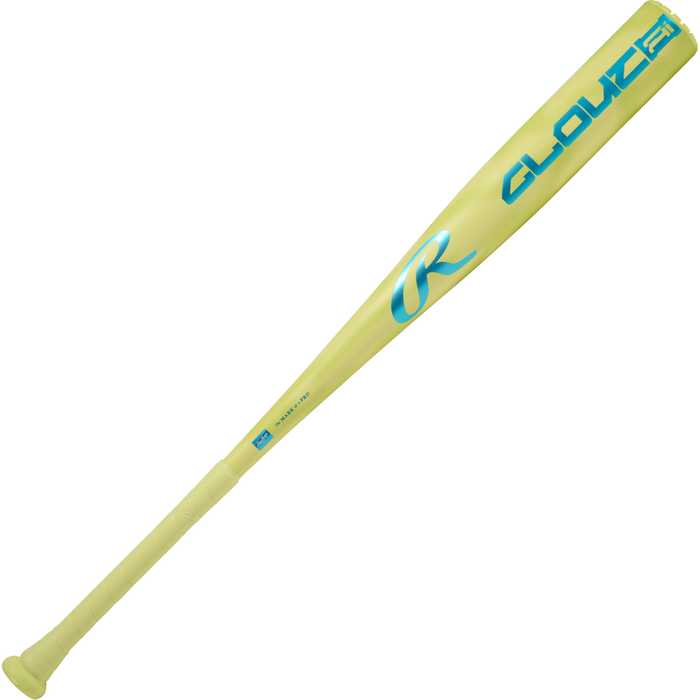 A yellow 2026 Rawlings Clout AI (-3) BBCOR Baseball Bat (RBB6C3) with blue writing.
