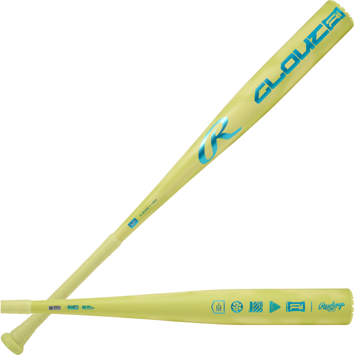 A close-up of the 2026 Rawlings Clout AI (-3) BBCOR Baseball Bat: RBB6C3, featuring Red Alloy+ construction and advanced Generative AI Technology.