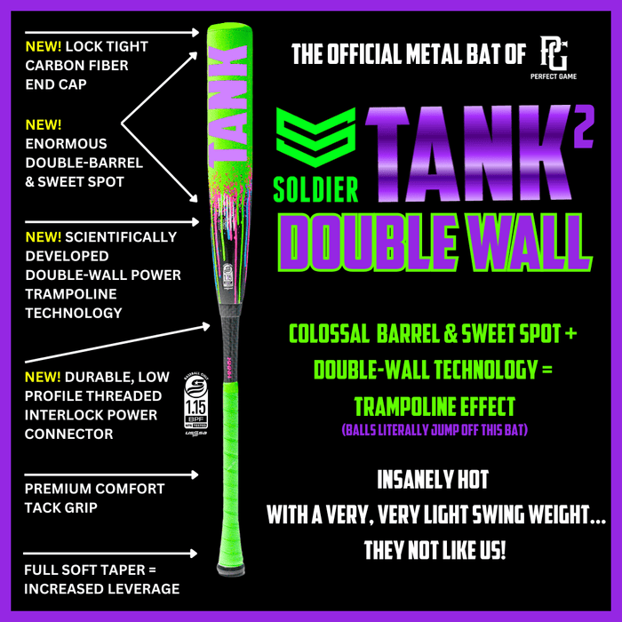 The Soldier Sports 2026 Soldier Tank Double Wall (-8) 2 3/4" USSSA Baseball Bat features a green and purple design, bold text, and a composite barrel for enhanced performance.