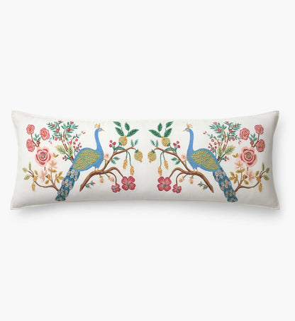 Embroidered Lumbar Pillow Cover - Peacock Ivory
