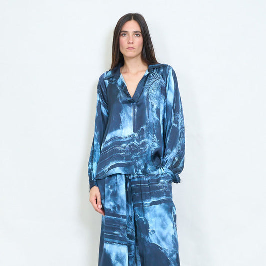 Abstract brushstroke printed satin blouse wholesale