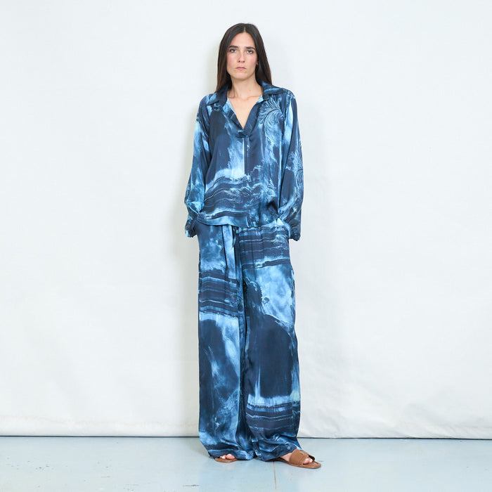 Abstract brushstroke printed satin blouse wholesale