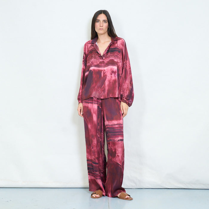 Abstract brushstroke printed satin blouse wholesale