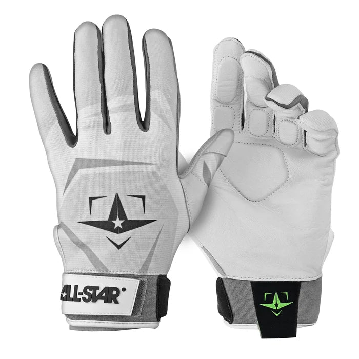 A pair of All Star S7 Axis Padded Inner Gloves (CG6001) in white with black accents and star logo—one palm up, one back—feature adjustable branded wrist straps and shock-absorbing padding for added comfort.