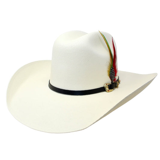 White cowboy hat with a feather and black band on a white background- Bandoleros 1000X Chihuahua