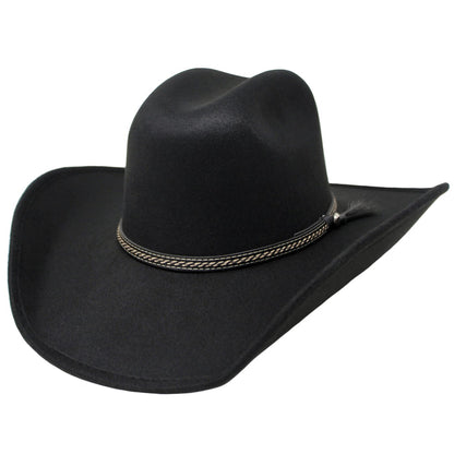 Black cowboy hat with a braided band on a white background