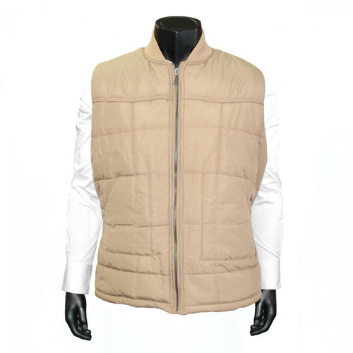 A men's beige padded vest with a center zipper placket and rib knit collar, displayed on a mannequin.
