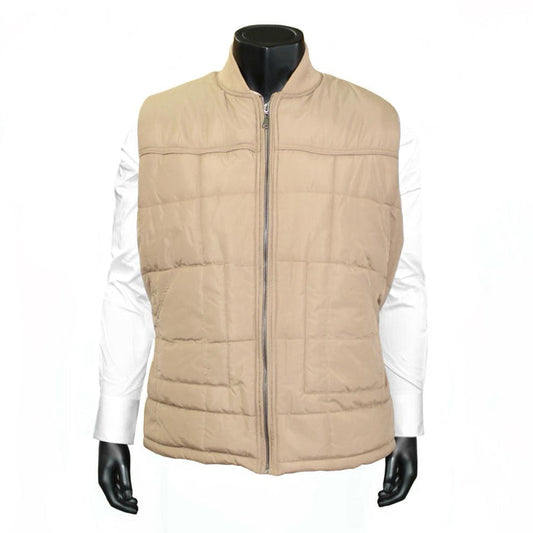 A men's beige padded vest with a center zipper placket and rib knit collar, displayed on a mannequin.