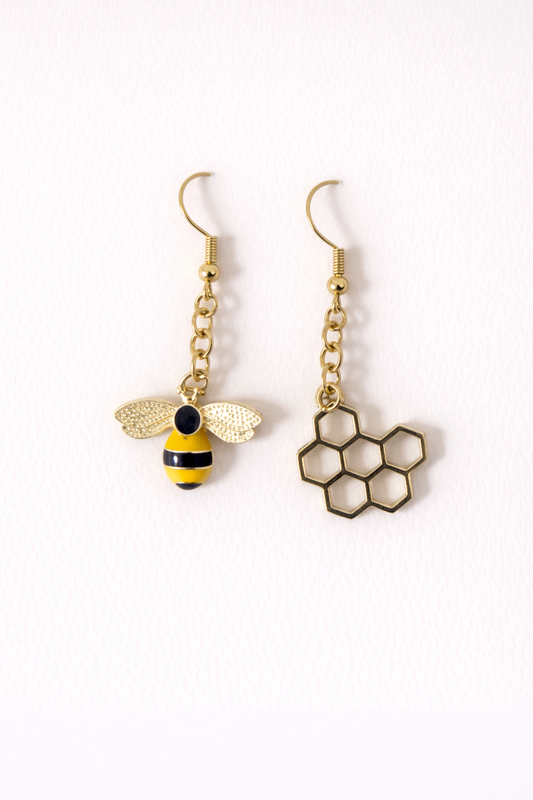 bee and honeycomb drop earrings mismatched quirky design playful lightweight everyday jewellery