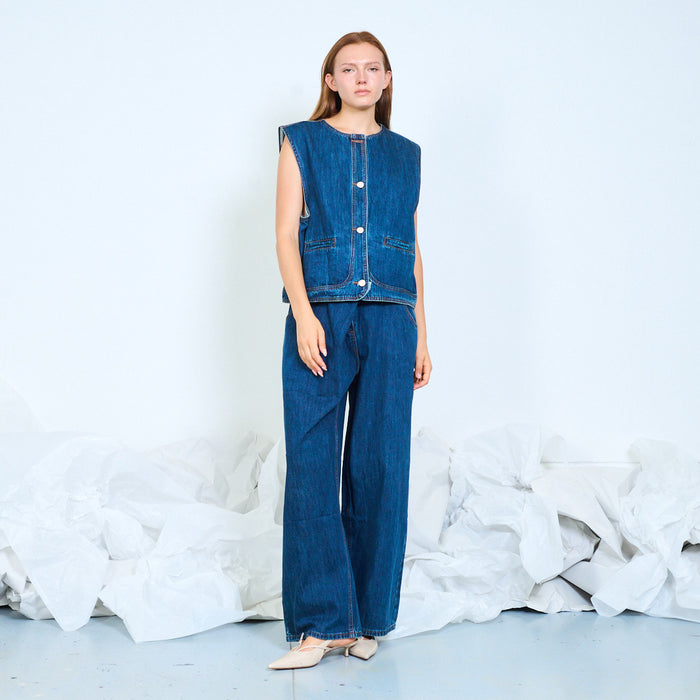 Belted balloon leg denim jeans wholesale