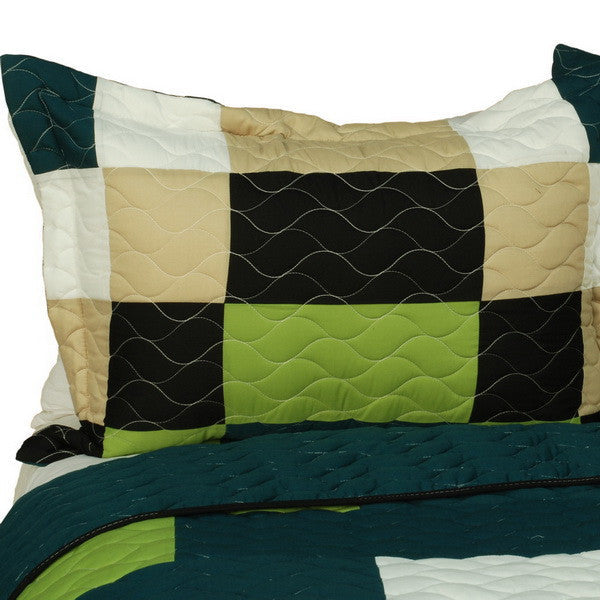 Black Green White Tan Teen Boy Bedding Full/Queen Quilt Set - Pillow Sham