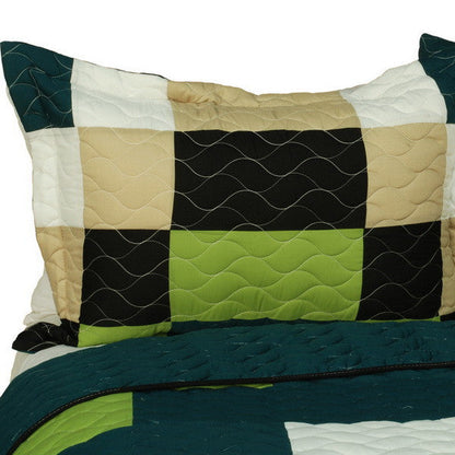 Black Green White Tan Teen Boy Bedding Full/Queen Quilt Set - Pillow Sham