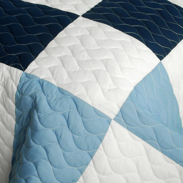 Blue White Patchwork Geometric Teen Boy Bedding Full/Queen Quilt Set