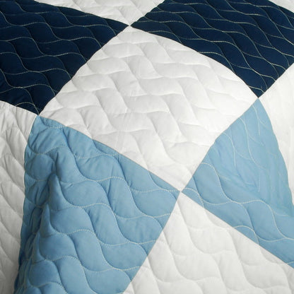 Blue White Patchwork Geometric Teen Boy Bedding Full/Queen Quilt Set