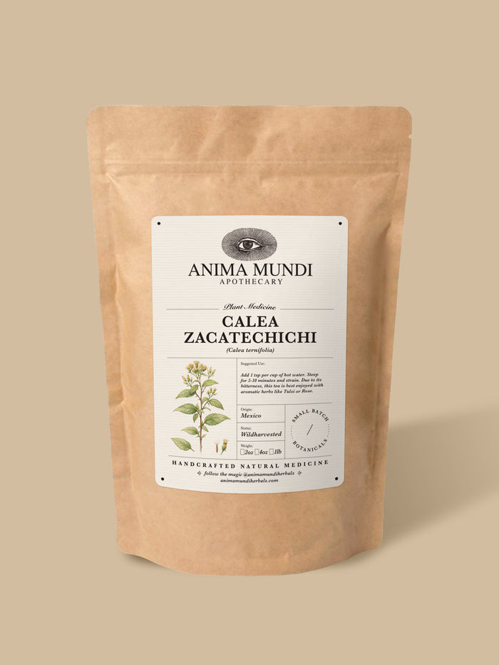 A stand-up kraft paper pouch of Anima Mundi Apothecary Calaea Zacatechichi, featuring a white label with botanical illustrations, set against a solid beige background.