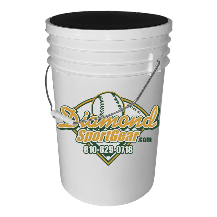 The Champion DSG 6 Gallon Ball Bucket (BUC6-DSG) features a white body, black padded lid, sturdy metal handle, and the Champion logo with a stylized baseball and phone number 810-629-0718 printed on the front.