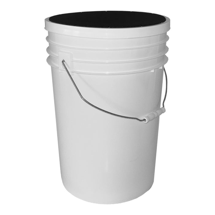 The Champion DSG 6 Gallon Ball Bucket with Padded Lid (BUC6-DSG) by Champion is a white plastic bucket with a metal handle and black padded lid, shown against a white background.