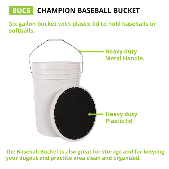 The Champion DSG 6 Gallon Ball Bucket with Padded Lid (BUC6-DSG) is a white, heavy-duty bucket with a metal handle and padded black lid, perfect for storing and organizing baseballs or softballs.