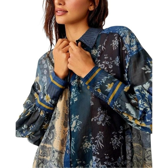 Free People Flower Patch Button Down Flowy Blouse in Indigo Blue