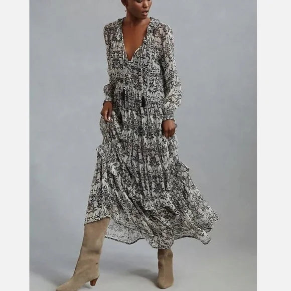 Anthropologie Marais Chiffon Maxi Dress in Black and White