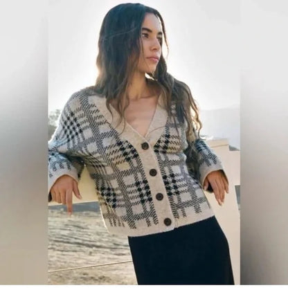 Rails Reese Cardigan in Wool Blend Oatmeal Black Plaid