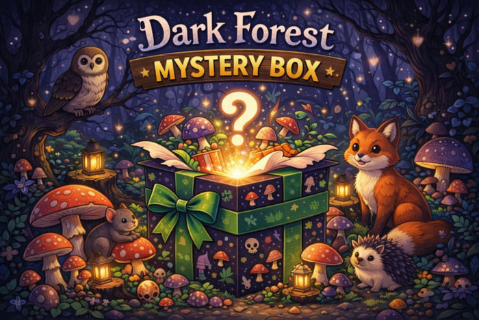 advertisement image showing dark forest mystery box themed gothic gift selection