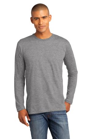 Male model wearing District Made Men's Perfect Weight Long Sleeve Tee in heather gray, featuring crew neck and relaxed fit.