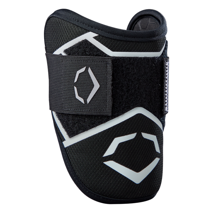 The EvoShield SRZ-2 Youth Batter's Elbow Guard (WB57645) in black features Gel-to-Shell technology for custom-molded protection, Velcro strap, and angular logo designs. Ideal for young athletes to guard the elbow during sports activities.