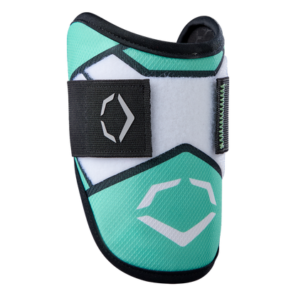 The EvoShield SRZ-2 Youth Batter's Elbow Guard (WB57645) by EvoShield features a seafoam and white design with black trim, an adjustable strap, geometric logos, and Gel-to-Shell technology for a custom-molded fit.