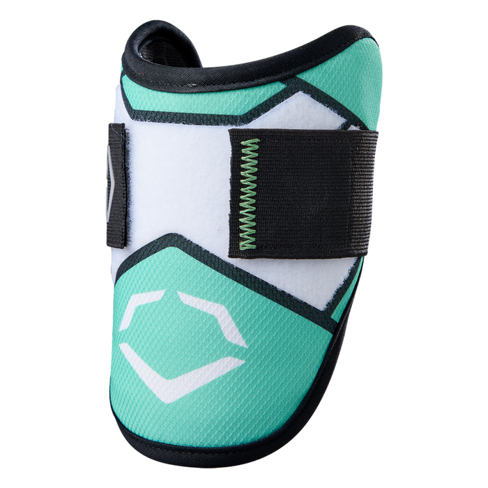 The EvoShield SRZ-2 Youth Batter's Elbow Guard (WB57645) by EvoShield features a teal and white design with black trim, a black Velcro strap, geometric patterns, a white logo on the front, and custom-molding shield technology for superior fit.