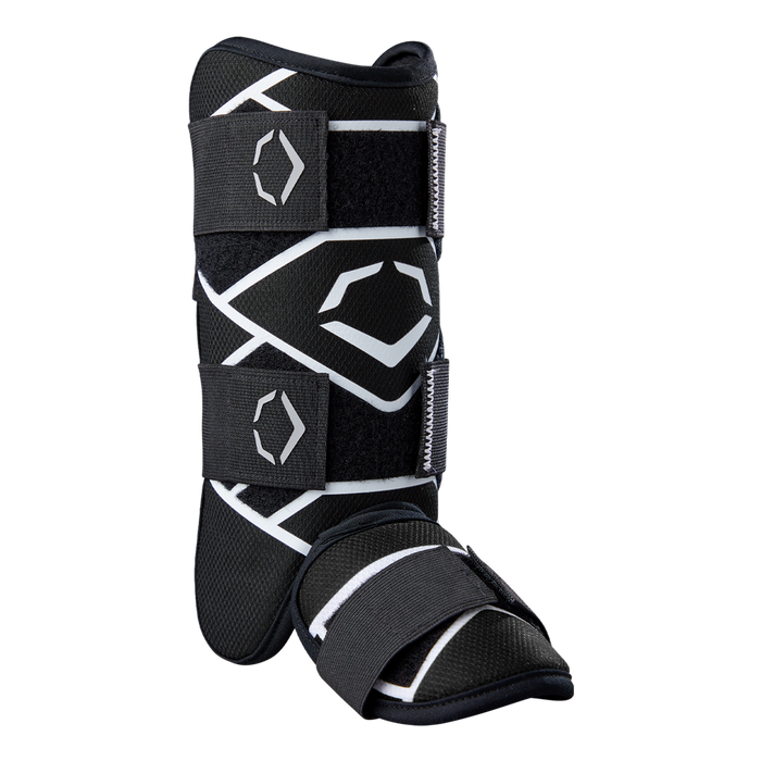 The EvoShield SRZ-2 Youth Batter's Leg Guard (WB57646) by EvoShield is a black leg guard with white geometric patterns and two Velcro straps, featuring an ergonomic baseball design, shown against a plain white background.
