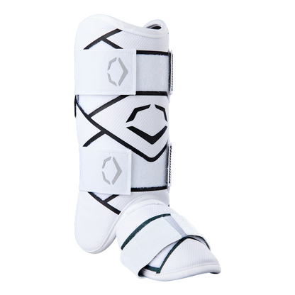 The EvoShield SRZ-2 Youth Batter's Leg Guard (WB57646) by EvoShield is a white ergonomic leg guard with black accents and velcro straps, designed to protect the shin and foot, shown standing on a neutral background.