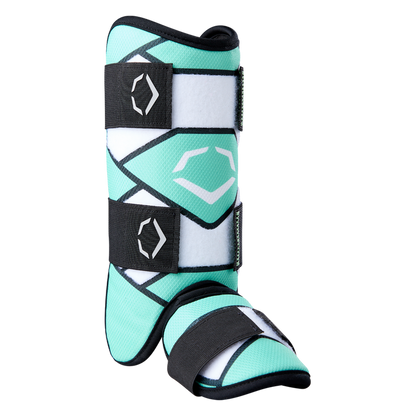 A seafoam EvoShield SRZ-2 Youth Batter's Leg Guard (WB57646) provides leg support and protection for young athletes, similar to a horse boot with Velcro straps and geometric patterns, combining safety and style.