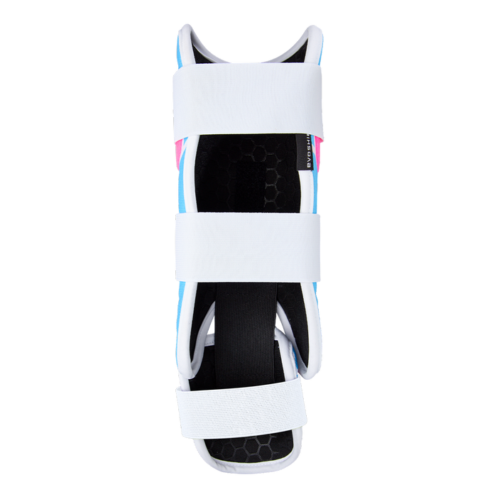 A top-down view of an EvoShield SRZ-2 Youth Batter's Leg Guard (WB57646) featuring three white adjustable straps and a black padded interior, designed for support and protection—similar to an orthopedic brace.
