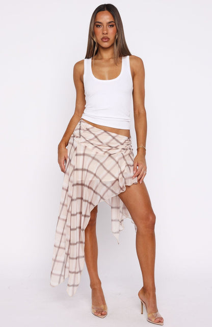 Keeping Secrets Midi Skirt Neutral Check