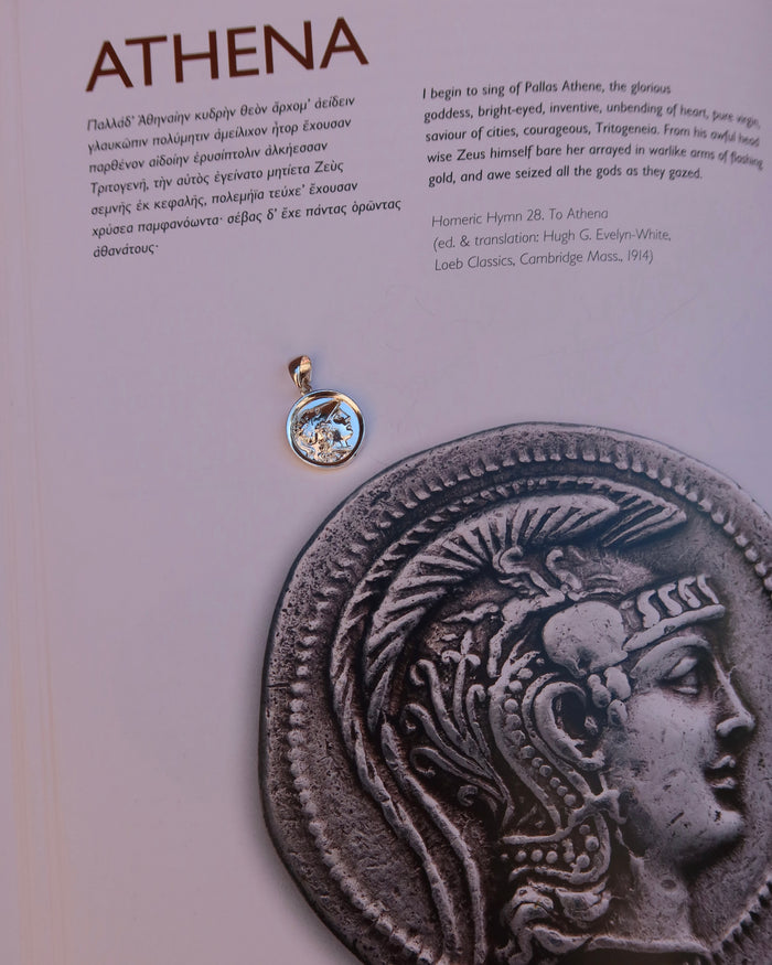 Sterling silver 925 coin pendant with Athena, ancient Greek goddess of wisdom wearing her helmet, made in Greece. Greek coin jewelry