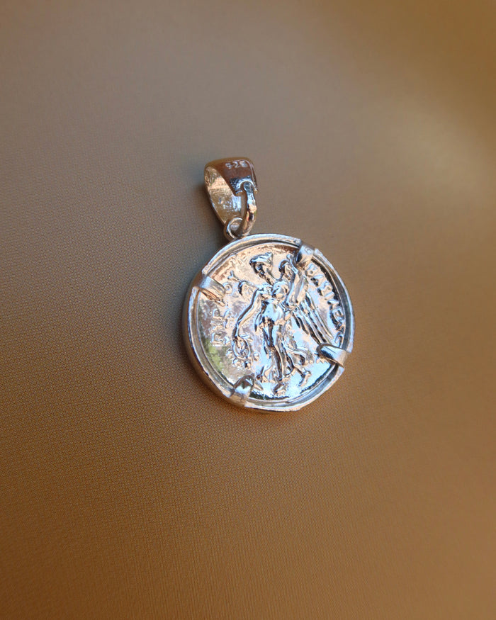 Sterling silver 925 coin pendant with winged Nike, ancient Greek goddess of victory, made in Greece. Greek coin jewelry
