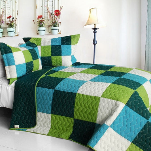 Green Blue White Patchwork Teen Boy Bedding Full/Queen Quilt Set Geometric Modern Bedspread