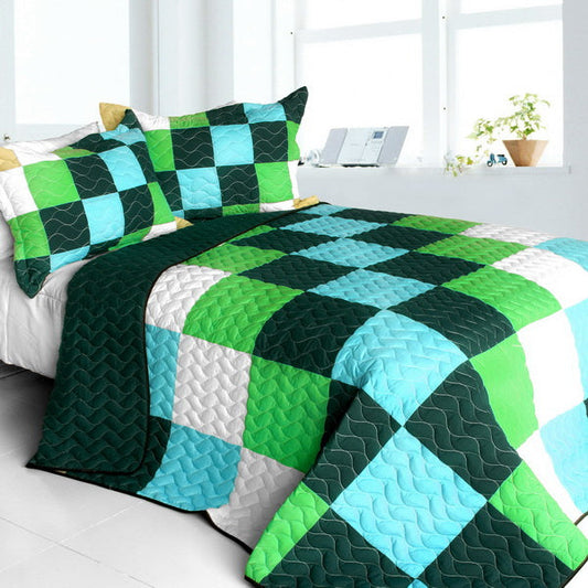 Green Navy & Turquoise Blue Geometric Teen Boy Bedding Full/Queen Quilt Set Patchwork Modern Bedspread