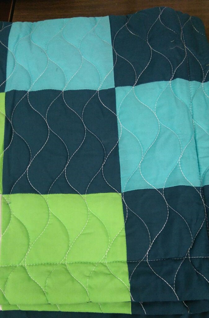 Green Navy& Turquoise Blue Geometric Teen Boy Bedding Full/Queen Quilt Set - Detail