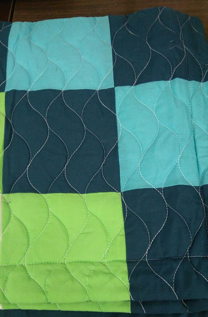 Green Navy& Turquoise Blue Geometric Teen Boy Bedding Full/Queen Quilt Set - Detail