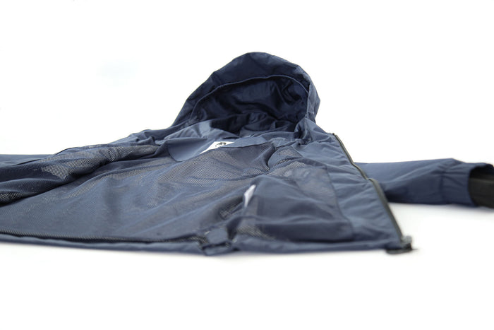 Close-up of waterproof zipper and high collar – navy rain jacket