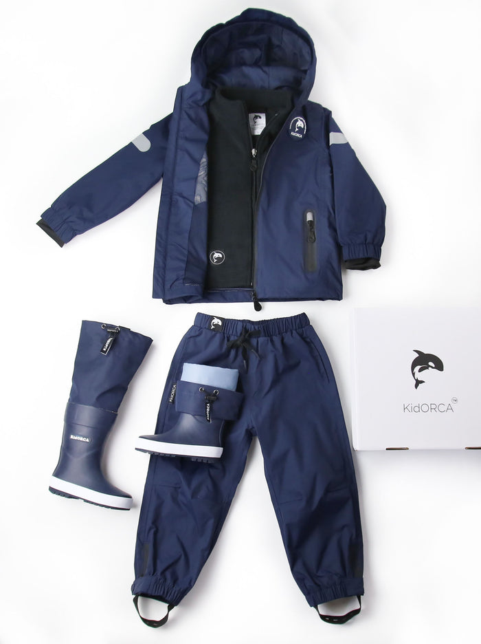 Kids navy waterproof hard-shell rain jacket – front view