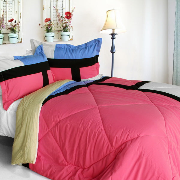 Hot Pink Blue & Black Geometric Blocks Teen Girl Bedding Twin Full/Queen Modern Comforter Set