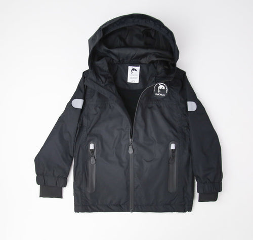 Kids black insulated waterproof rain jacket – front view