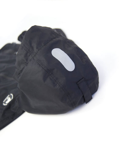 Close-up of adjustable waterproof hood – black insulated rain jacket for kids