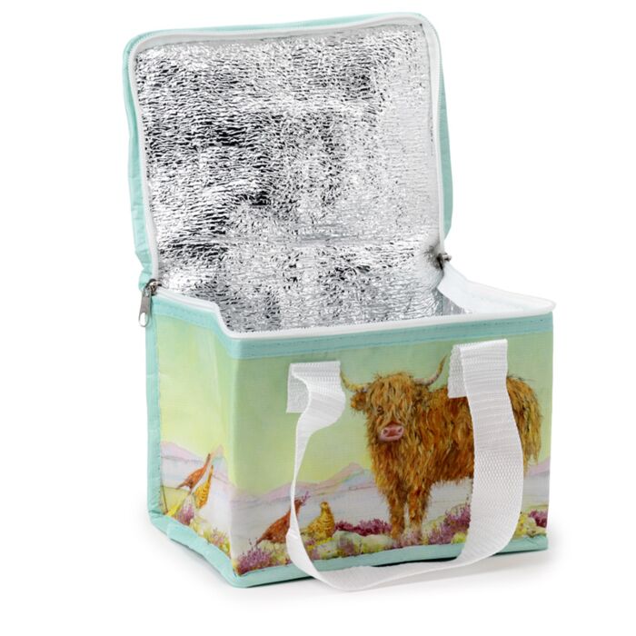 highland coo insulated lunch bag open showing foil lined interior and storage space
