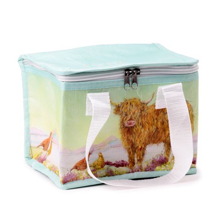 reusable rpet cool lunch bag featuring jan pashley highland coo front design
